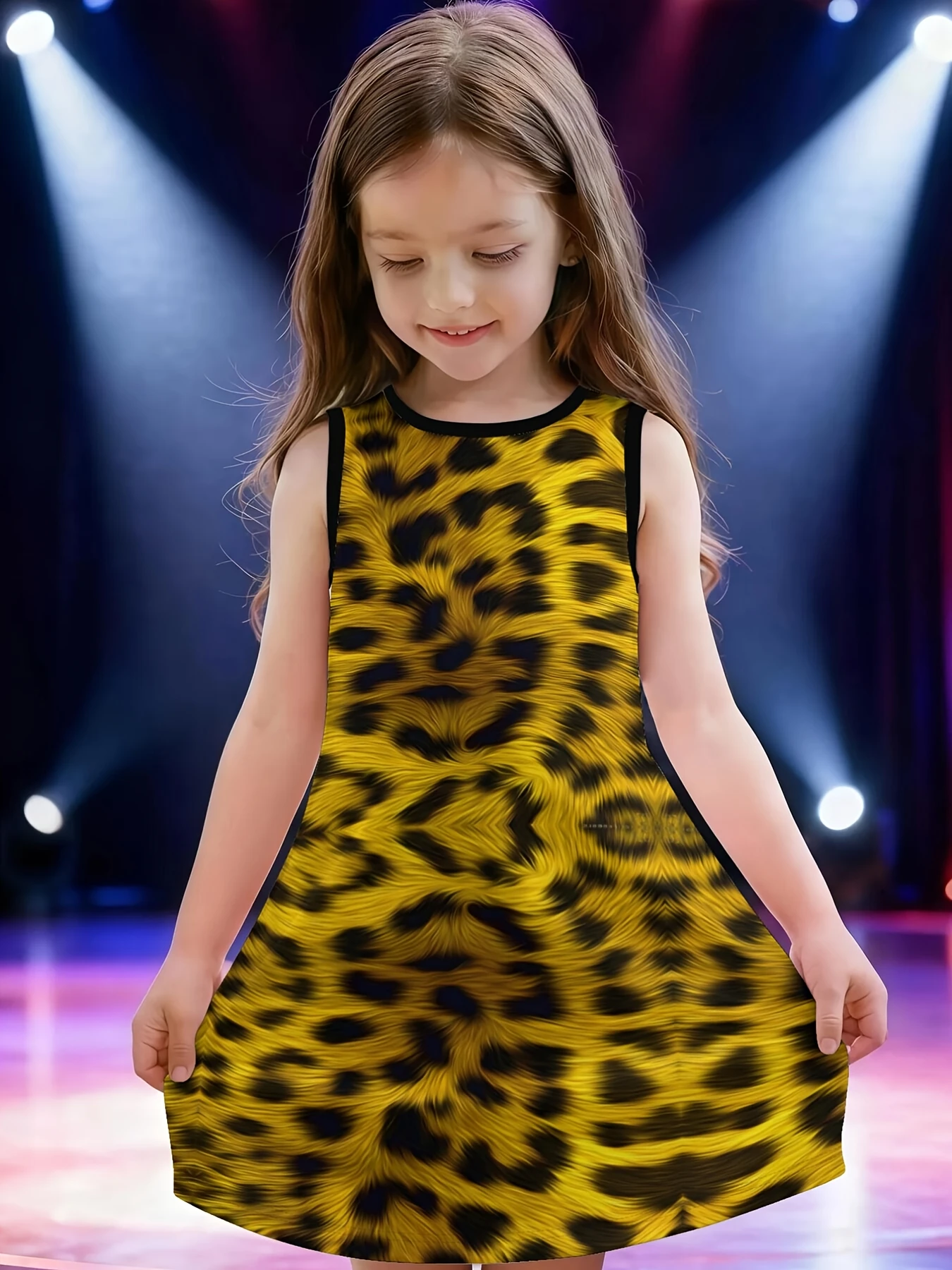 Child Sleeveless Shift Dress Black‑Off‑White Retro Bloom Leaf Print Contrast Trim Casual Summer Outfit for Kids Party Wear
