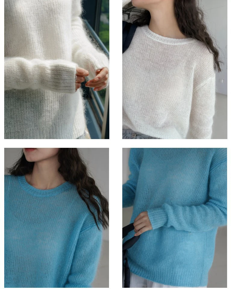 Donna autunno morbido maglione di Cashmere o-collo stile sciolto Mohair maglione blu scava fuori le donne pullover moda maglione Pull Femme