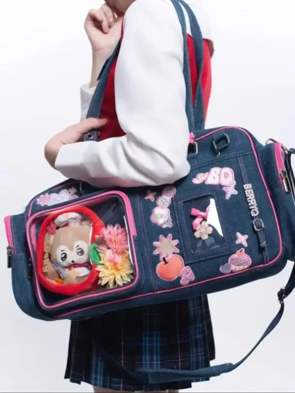 

Вместительная джинсовая дорожная сумка-кроссбоди для студенток, повседневная, с вышивкой и мультяшным аниме-дизайном