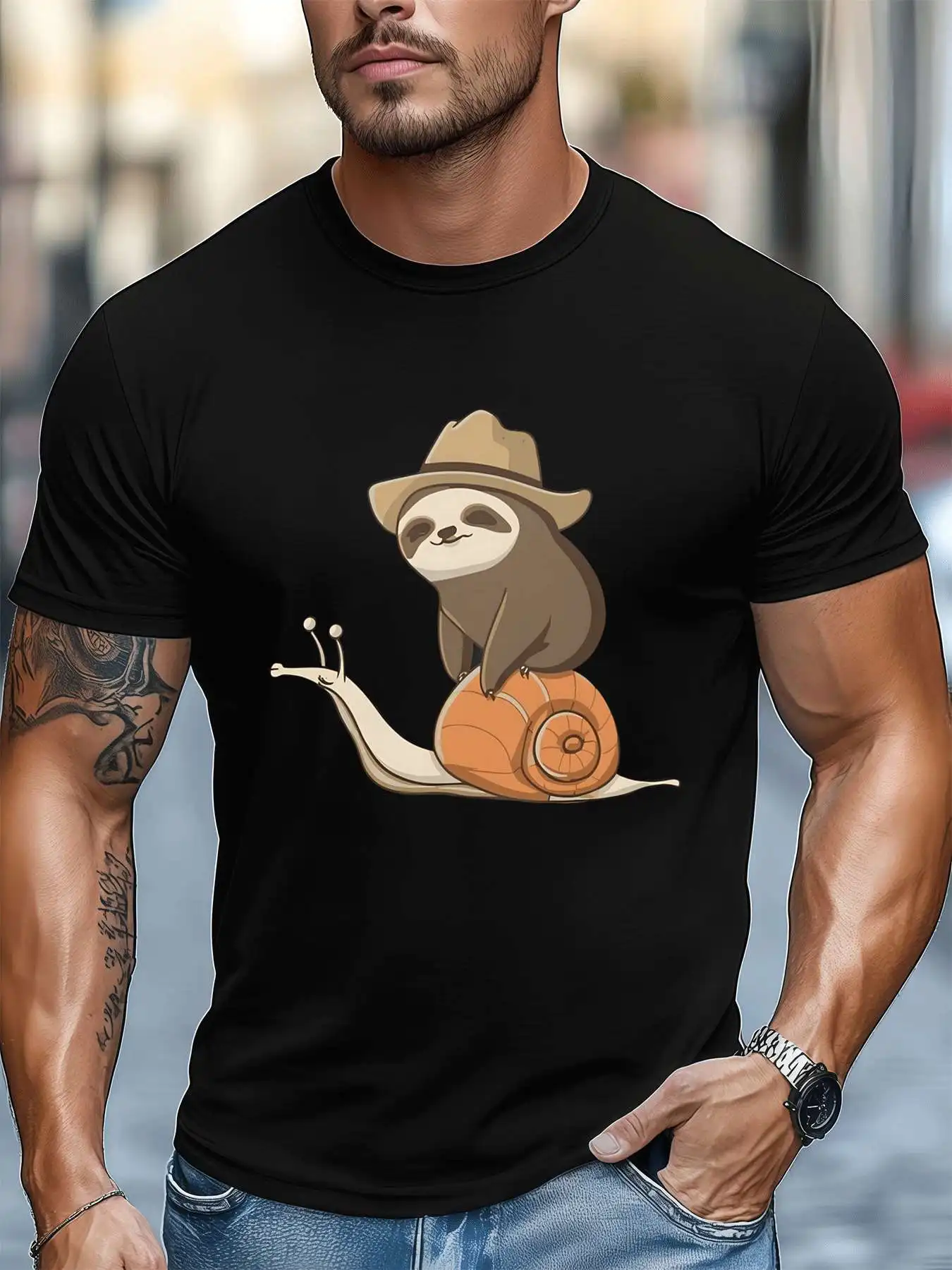 

Sloth Snail Rider Graphic Tee Men's 220gsm New Summer Casual Crew Neck Pure Cotton Short-Sleeved T-Shirt
