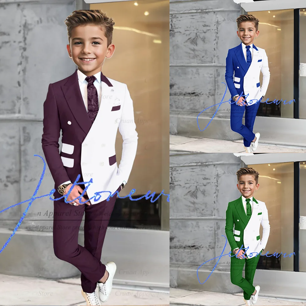 Full Suit Voor Jongens Avonddiner Formele Outfits Trouwfeest Kinderen Stijlvolle Bordeauxrode Witte Splicing Blazer Broek 2 Stuks