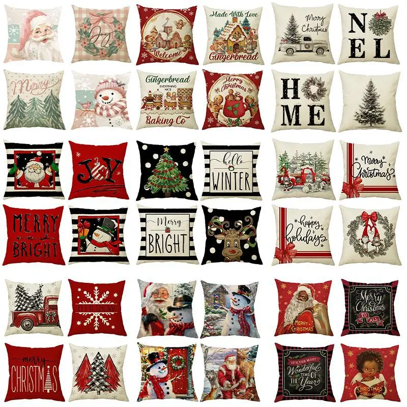 2024 Cross Border New Christmas Pillow Cover Linen Printed Home Sofa Cushion Christmas Day Style Car Headrest Office Pillowcase