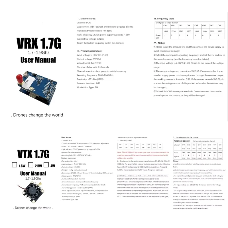 FPV Goggles 1.7G VTX 1.6W FPV VTX 1.7G 1.6W VRX 8CH FPV analog Video Transmitter Receiver Module PAL/NTSC For Fatshark Skyzone