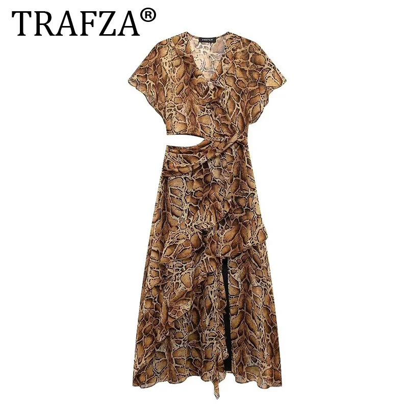 TRAFZA Female Summer Slim Long Dress Leopard V-Neck Short Sleeves Waist Hollow Out Tierred Decorate Zipper Women Fashion Dress