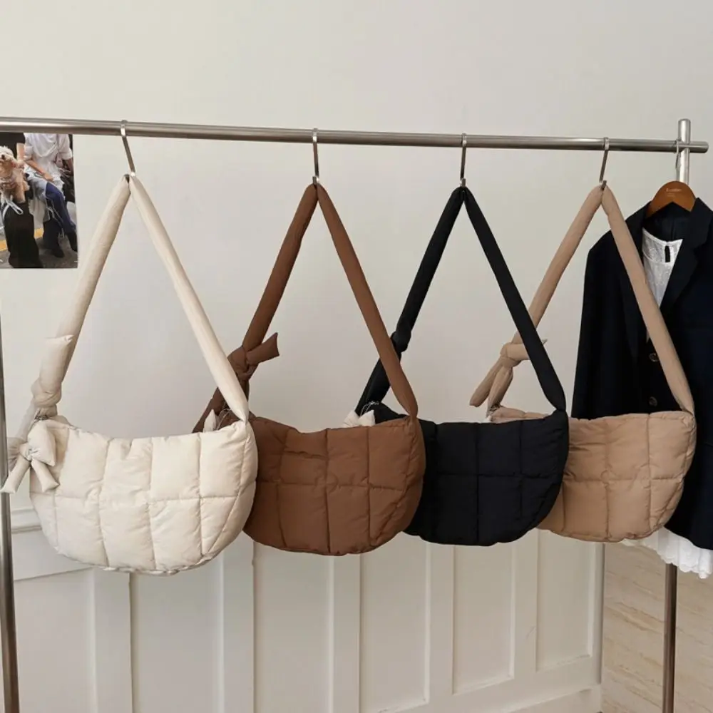 

Корейская стеганая сумка-кроссбоди из хлопка с бантом, в клетку, с эффектом пуховика, на плечо, однотонная, из нейлона, с подкладкой