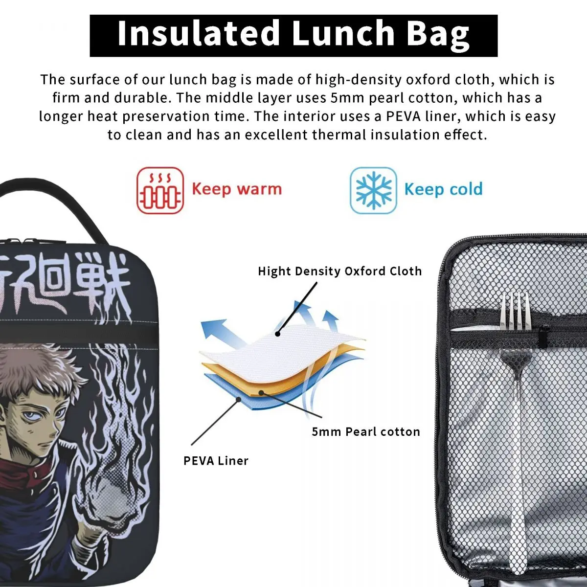0 اليابانية Jujutsu Kaisened حقيبة الغداء للكبار أنيمي مخصص علب الاغذية Kawaii مكتب حقيبة للحفاظ على البرودة المحمولة أكسفورد حمل أكياس الغذاء