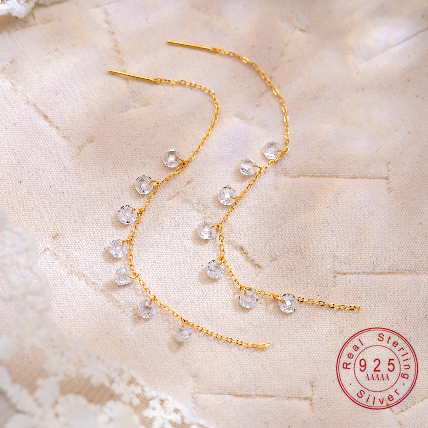 S925 Sterling Silver Threader Earrings Gold Plated Long Chain Dangle CZ Zircon Beads Pull Through Ear Jewelry for Women