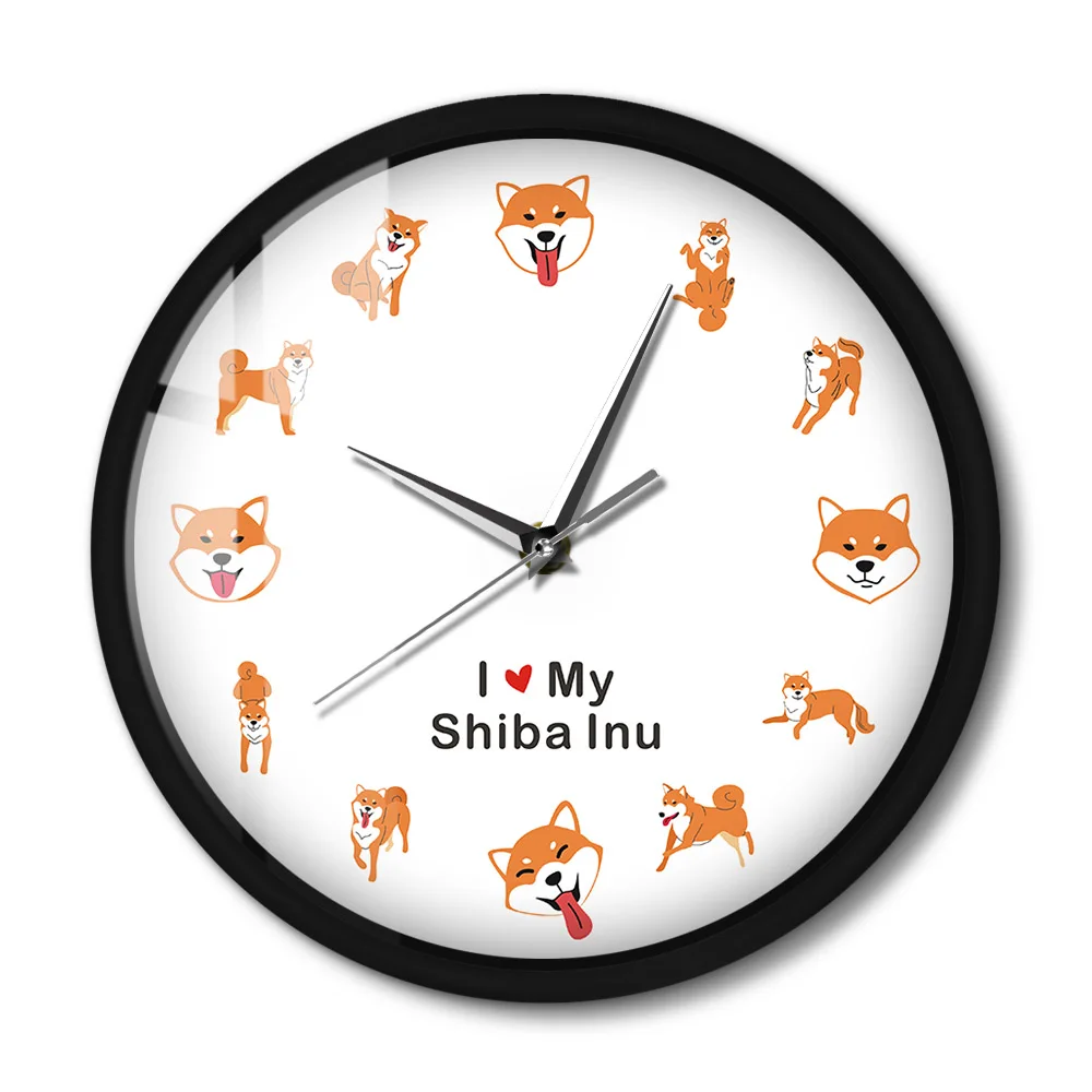 Shiba Inu Dog Pet Modern Black Metal Frame Clock Silent Cartoon Animal Japanese Brushwood Dog Shiba Wall Art Timepiece For Kids