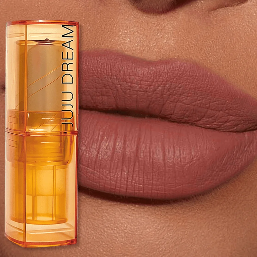 JUJU DREAM Lápiz Labial Mate Transparente en Tubo Ámbar, Color Nude Velvet, Larga Duración, Estilo Europeo Americano, Maquillaje Labial