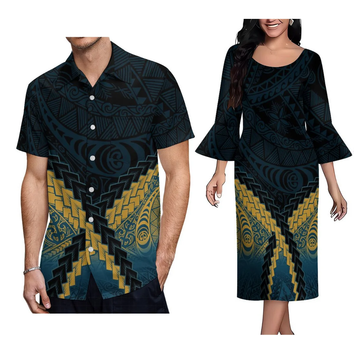 

Polynesian New Summer Women Dress Samoan Style Men Shirt Island Couples Fashion Flared Sleeve Midi Long Skirt