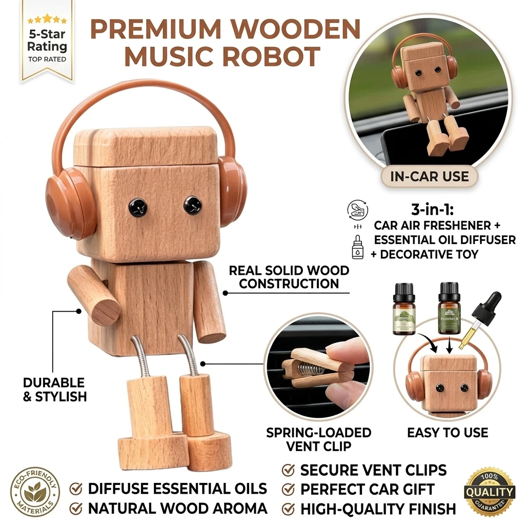 Wooden Car Aromatherapy Cute Mini Wooden Man Car Perfume Air Freshener Car Interior Accessories Natural Aroma Diffuser Ornament