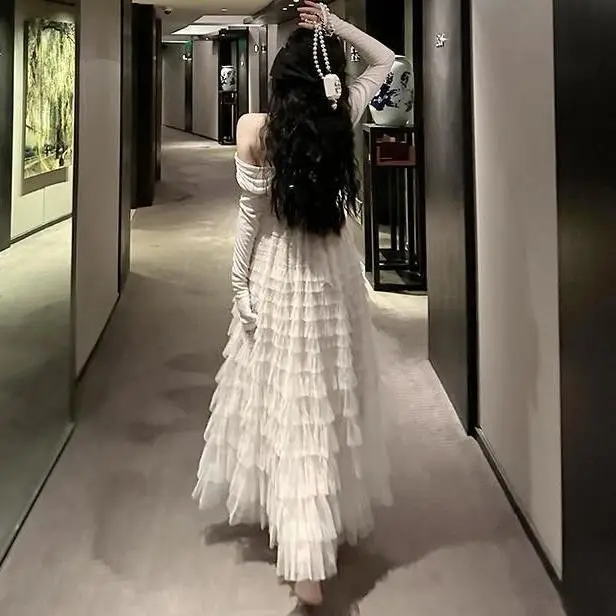 

Slimming A-Line Tulle Skirt Korean Sle High Waist Cake Skirt Long Midi Skirt Women's Summer New Sle Fairy Thousand Layer