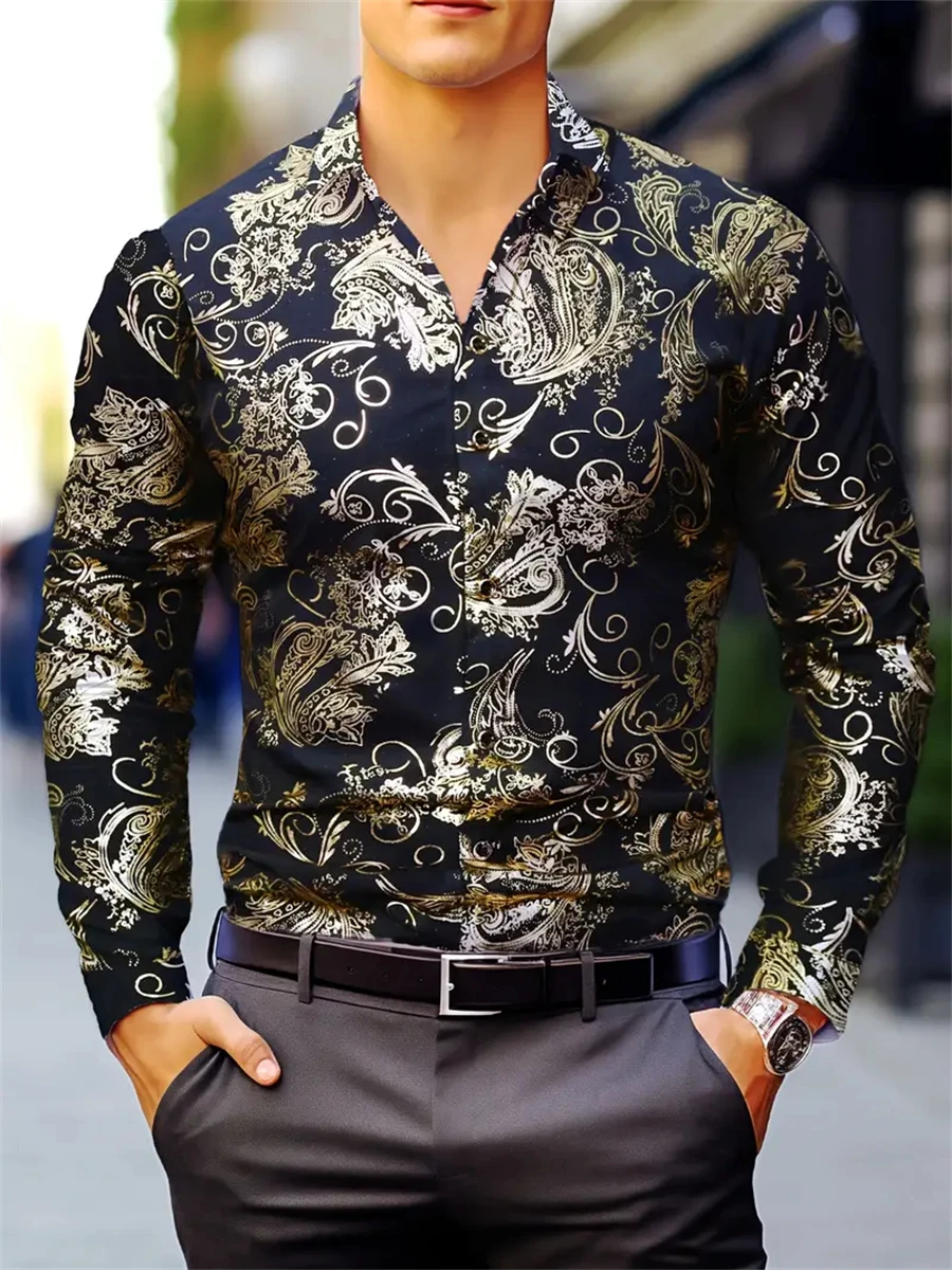 

Luxury men's paisley cashew pattern long-sleeved shirt, retro and gorgeous casual clothing, unique personality men's lapel top