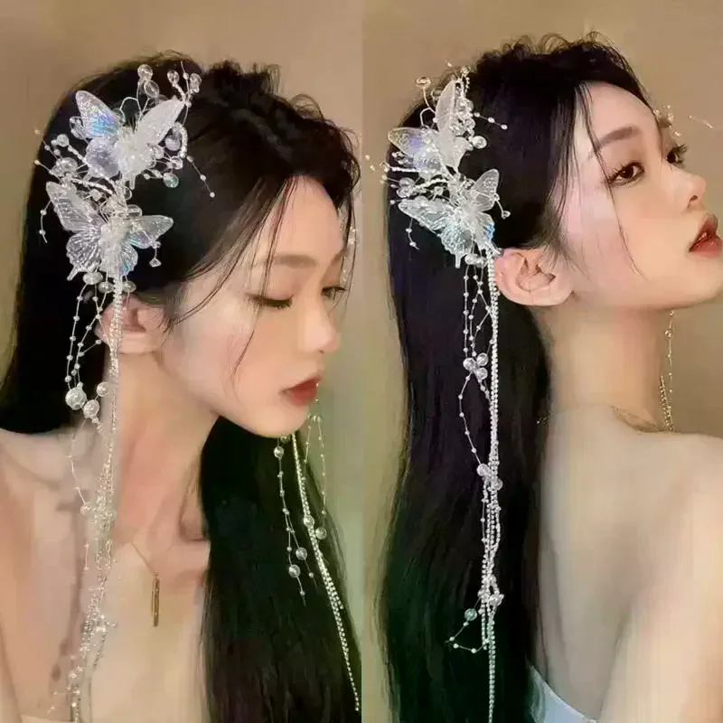 

Long Butterfly Beaded Tassel Hair Clip Fairy Sweet Princess Hairpin Elegant Bride Wedding Women Fashion Hair Accessories