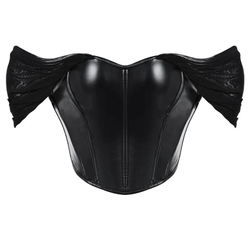 

Gothic Lace-up Corset Sexy Women Black PU Leather Elegant Low-cut Mesh Sleeves Bustier Tank Tops Lingerie