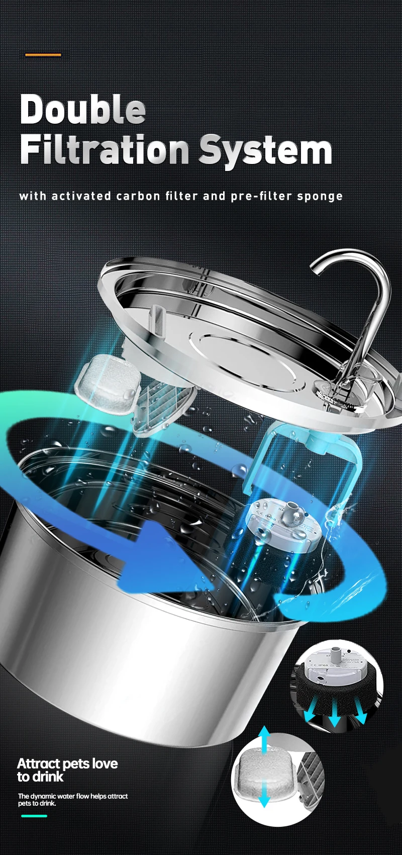 Fuente de agua inteligente para gatos, bebedero automático de acero inoxidable, dispensador de agua para mascotas - details 1