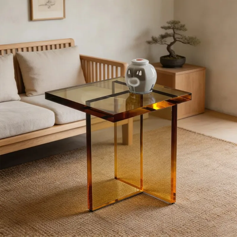 Luxury Modern Minimalist Translucent Amber Thick Acrylic Square T Shape Design for Hotel Villa Living Room End Table
