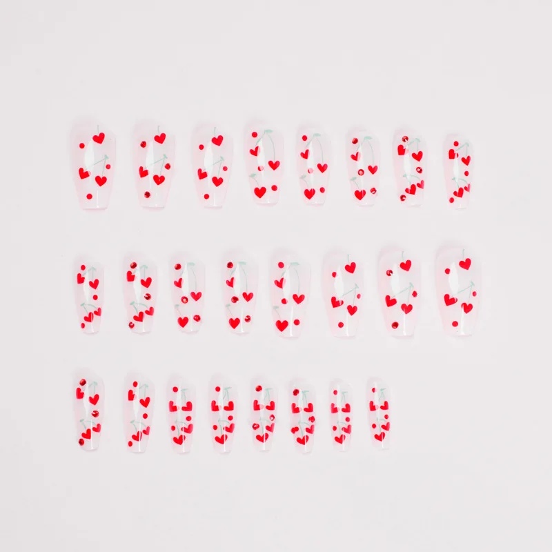 .Miemie Design 24-Piece Romantic Style Full Heart ABS Cherry Pattern Reusable Artificial Nails for Finger Application