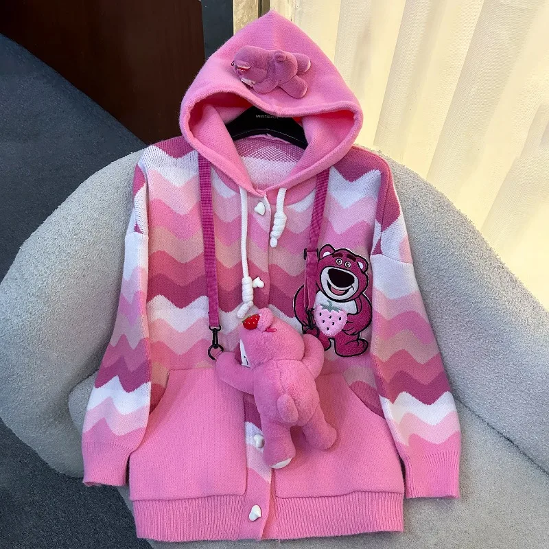 

2025 Autumn New Cartoon Cardigan Hooded Knitted Sweater For Women's Loose Casual Sweet Age-Reducing Top single-breasted knitwear