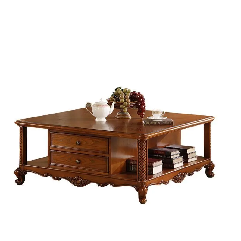 

American simple coffee table, high-end solid wood carved coffee table, square