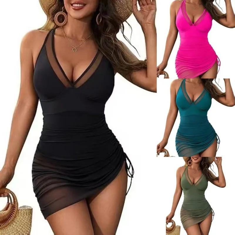 One Piece Swimsuits Women Plus Size Slimming Mesh Swimwear V-Neck Bathing Suit Sarong Wrap Tummy Control Monokini Beach Pool XXL