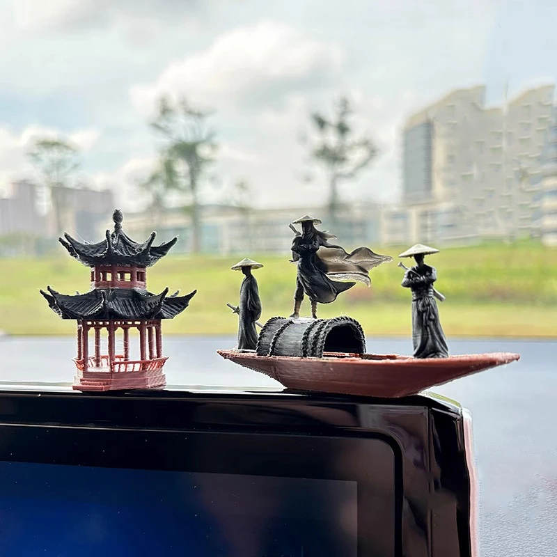 Car Interior Accessories Doll Miniature Jianghu Knight Pavilion Boat for Computer Desk Decor Aquarium Ornament Fish Tank Display