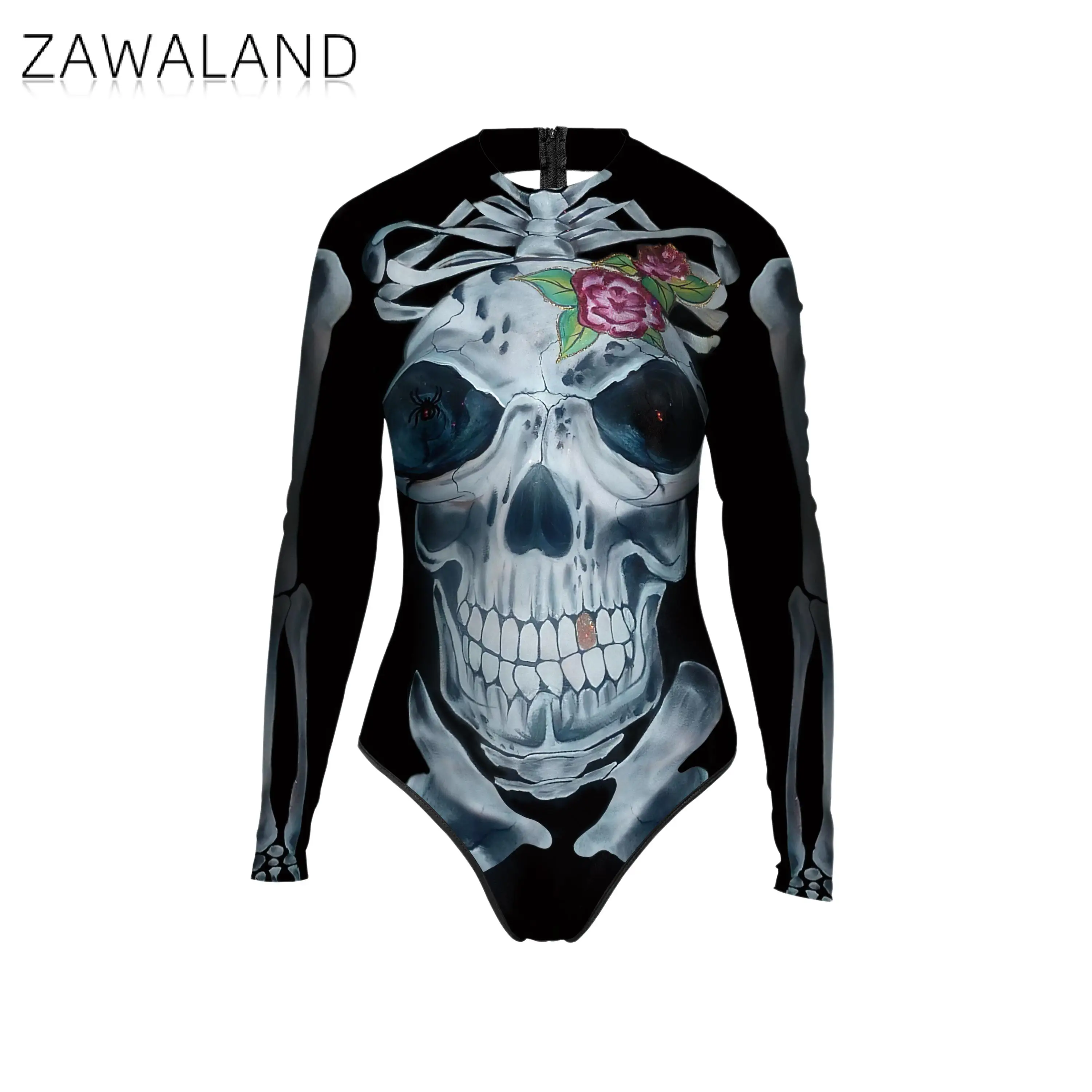 Zawaland-body Zentai de manga larga con estampado 3D de esqueleto de Terror para Halloween, ropa de actuación para fiesta, disfraces de Cosplay para mujer