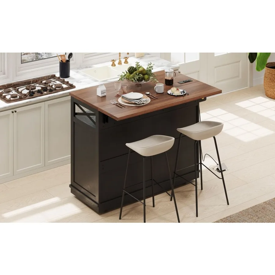 

KK 46.5'' Farmhouse Kitchen Island with Drape of Beads Power Outlet Rolling Kitchen Cart on Wheels with Drop Leaf 3 Doors 3 Dra