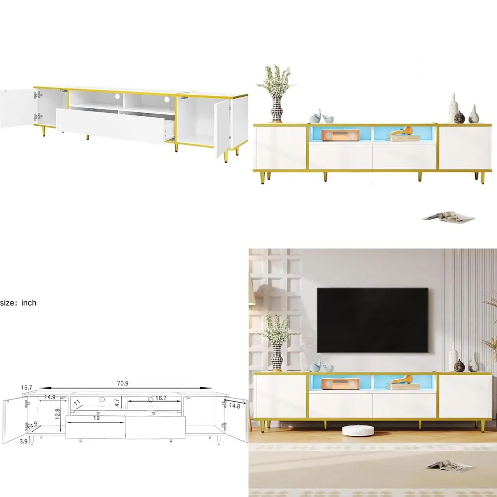 

Белая тумба под телевизор 75 дюймов со светодиодной подсветкой, 2 ящиками, 2 шкафчиками, минималистичным дизайном и золотыми акцентами