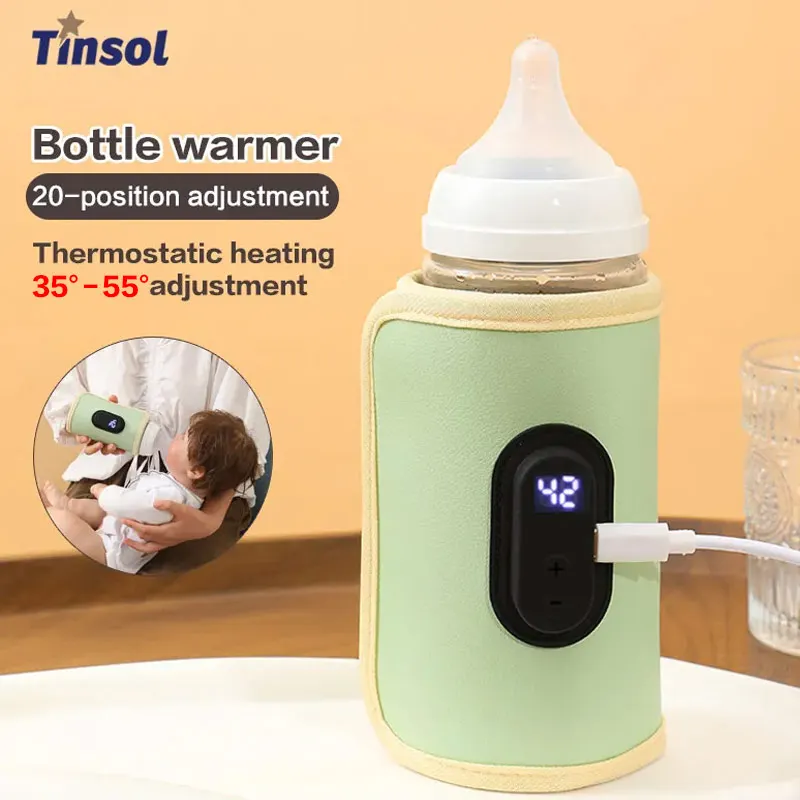 TINSOL Nieuwe draagbare babymelkverwarmer Flessenwarmer, thermostatische verwarming Melkverwarmer, USB digitaal display Verwarmingshoes
