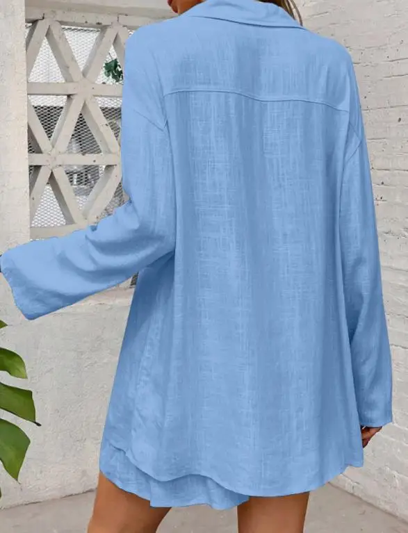 

Spring\summer Classic Style Fashionable Elegant Temperament 2-Piece Set Solid Color Lapel Long Sleeved Shirt Casual Shorts Set