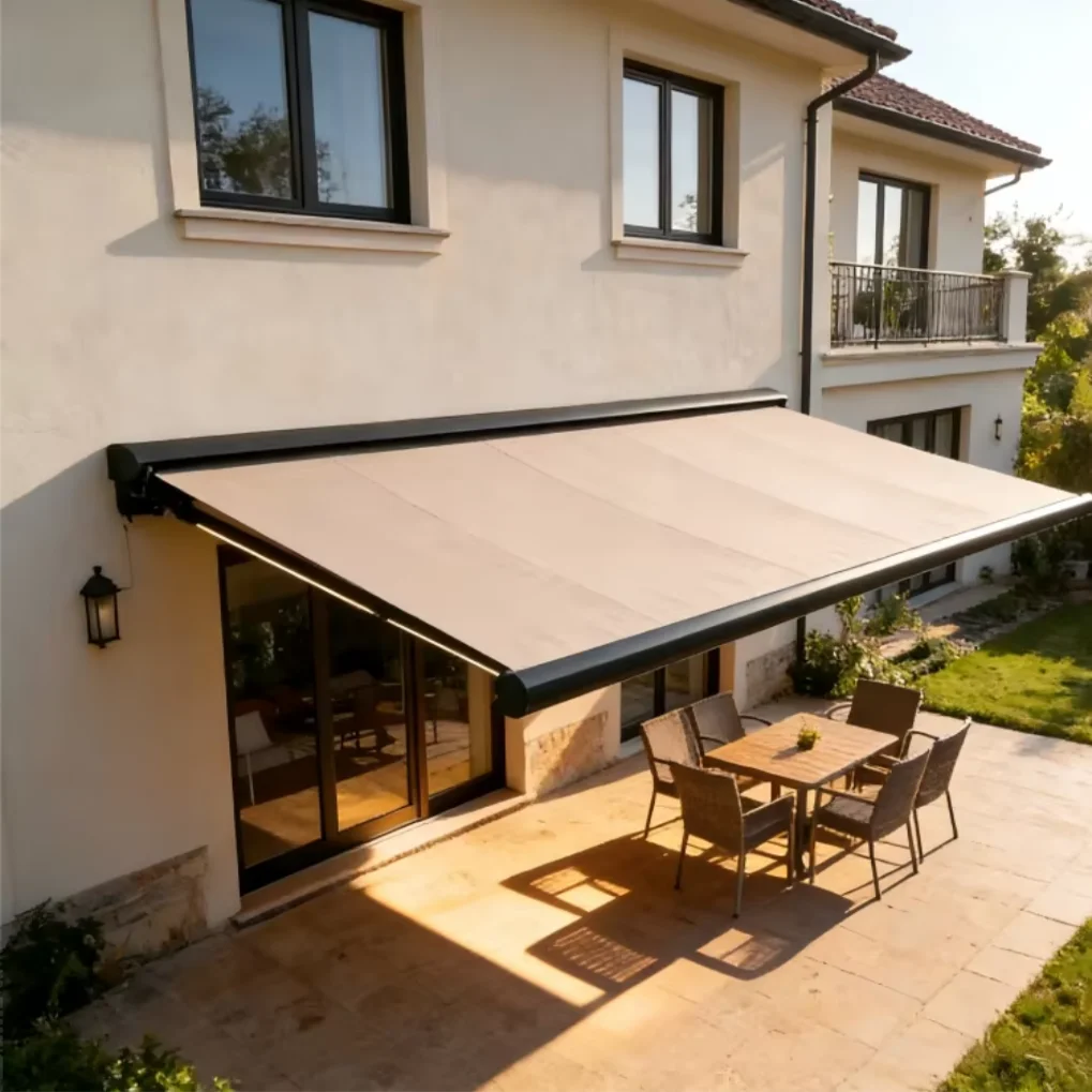 Full Cassette Awning Motorized Retractable Aluminum Frame Waterproof PVC Canopy LED Sunshade for Outdoor Patio
