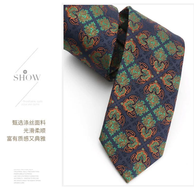 7.5cm Spring Summer New Tie Men Green Orange Striped Big Flower Vintage Business Suit Tie Polyester Necktie