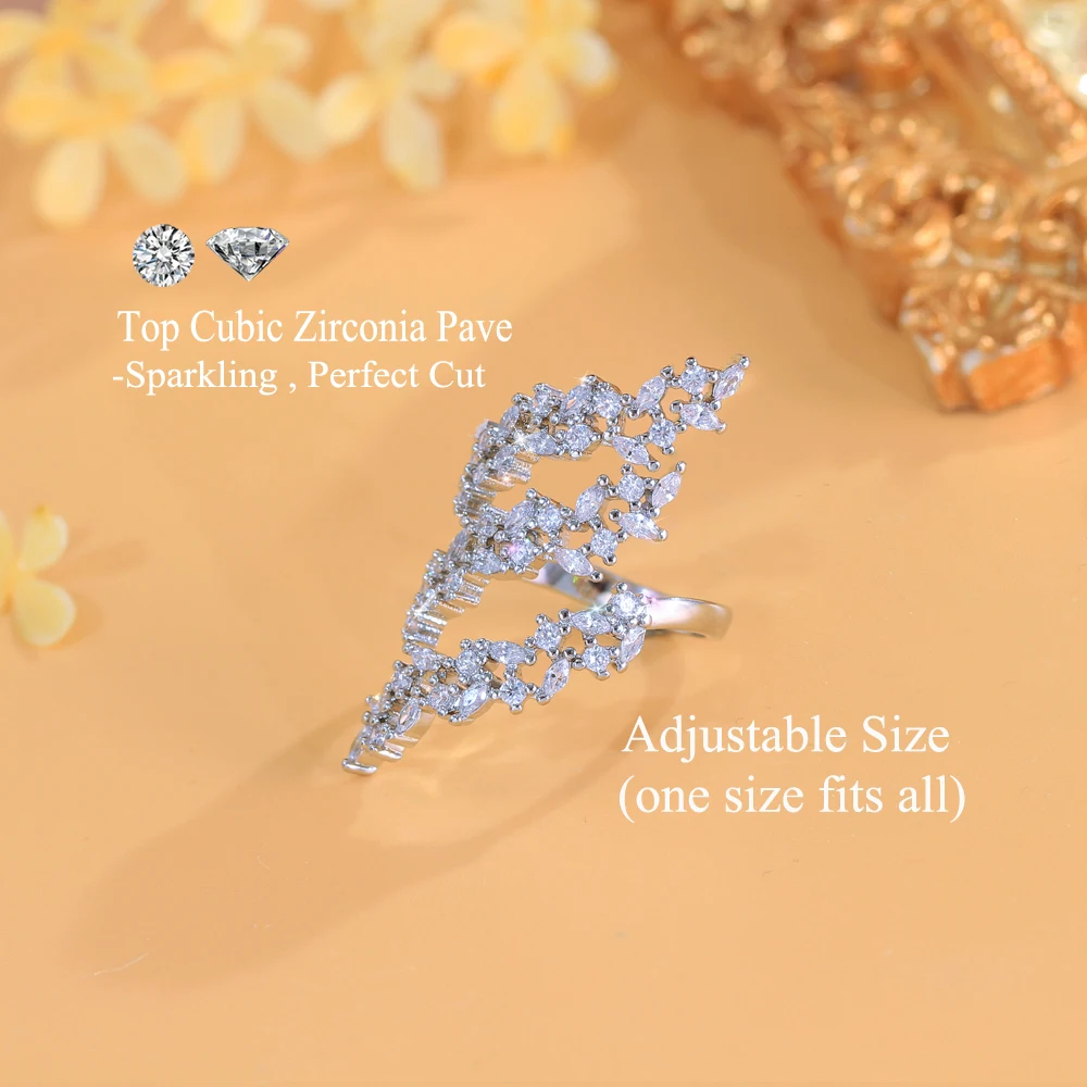 CWWZircons Adjustable Multiple Cubic Zirconia Leaf Shape Big Long Wrap Finger Ring for Women Luxury Wedding Jewelry Gifts J0195