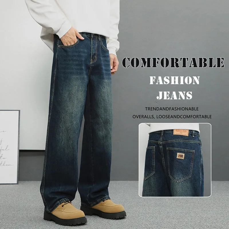 Men Autumn Loose Straight Jeans Vintage Dark Blue Washed Denim Pants All Match Daily Commute Youth Streetwear Long Trousers
