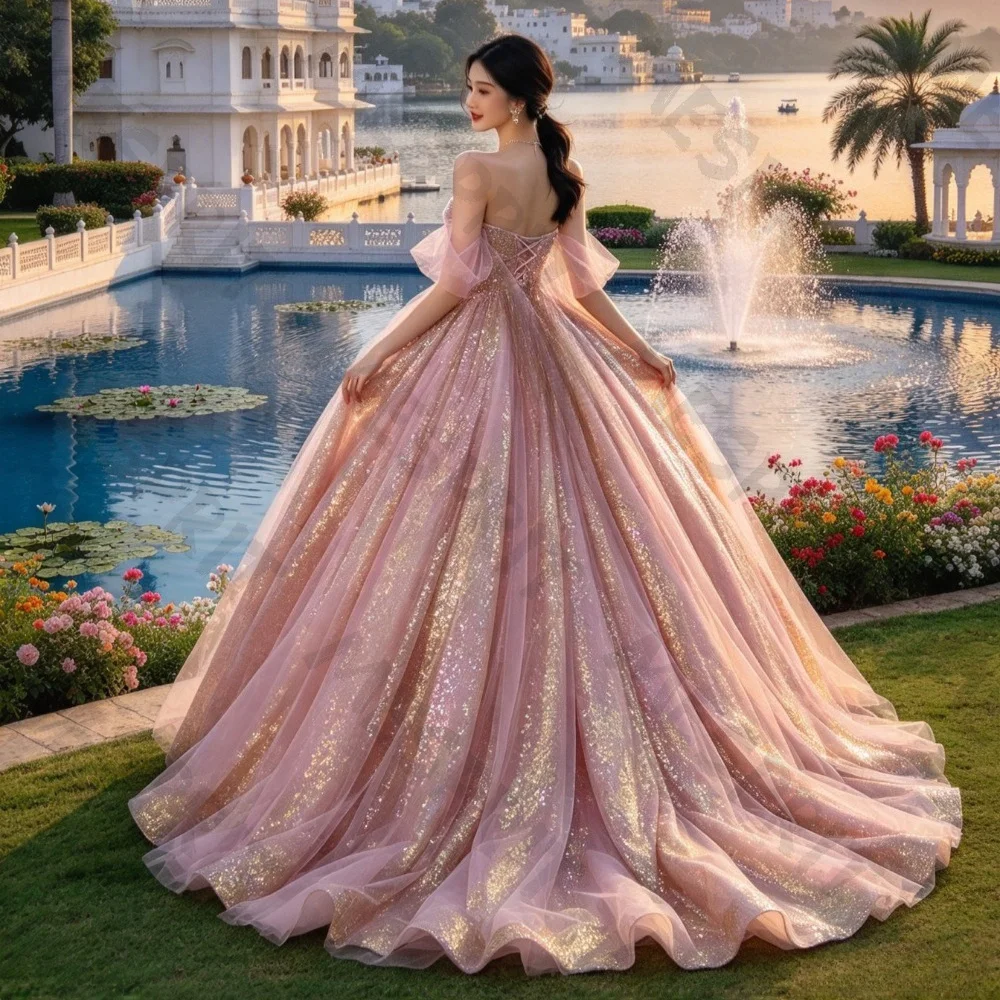 Customized Strapless Evening Dress 2026 Sequins Luxurious Pink Floor Length Ball Gown Elegant Sheer Shimmer Suitable for Parties