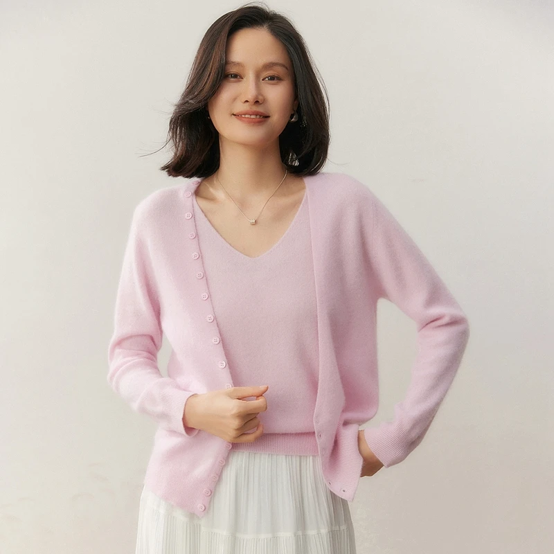 Otoño/Invierno, cárdigan de Cachemira de 100% para mujer, conjunto de dos piezas con tirantes, suéter de punto liso informal, Tops holgados con cuello en V, jersey cálido