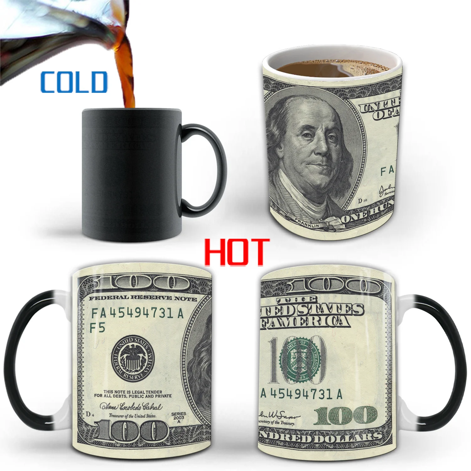 New Creative Dollars Color Changing Mug Ceramic Thermal Sensation Fun Magic Coffee Tea Cup Surprise Gift Toy