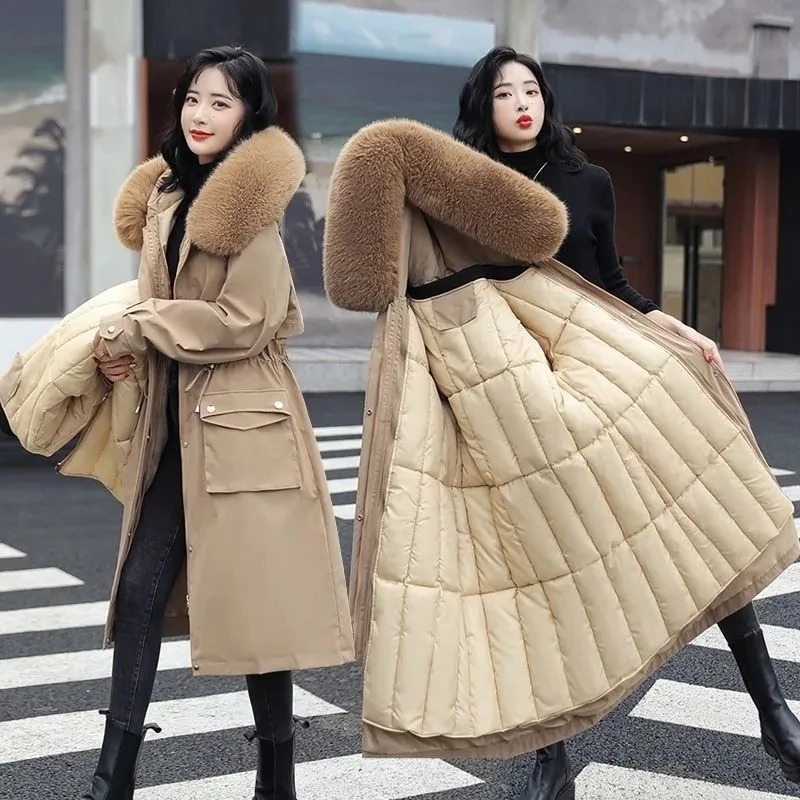 

2023 Winter New Fur collar Hooded Coat Women Casual Detachable Liner Cotton Coat Female Thicken Warm Long Padded Parkas Overcoat