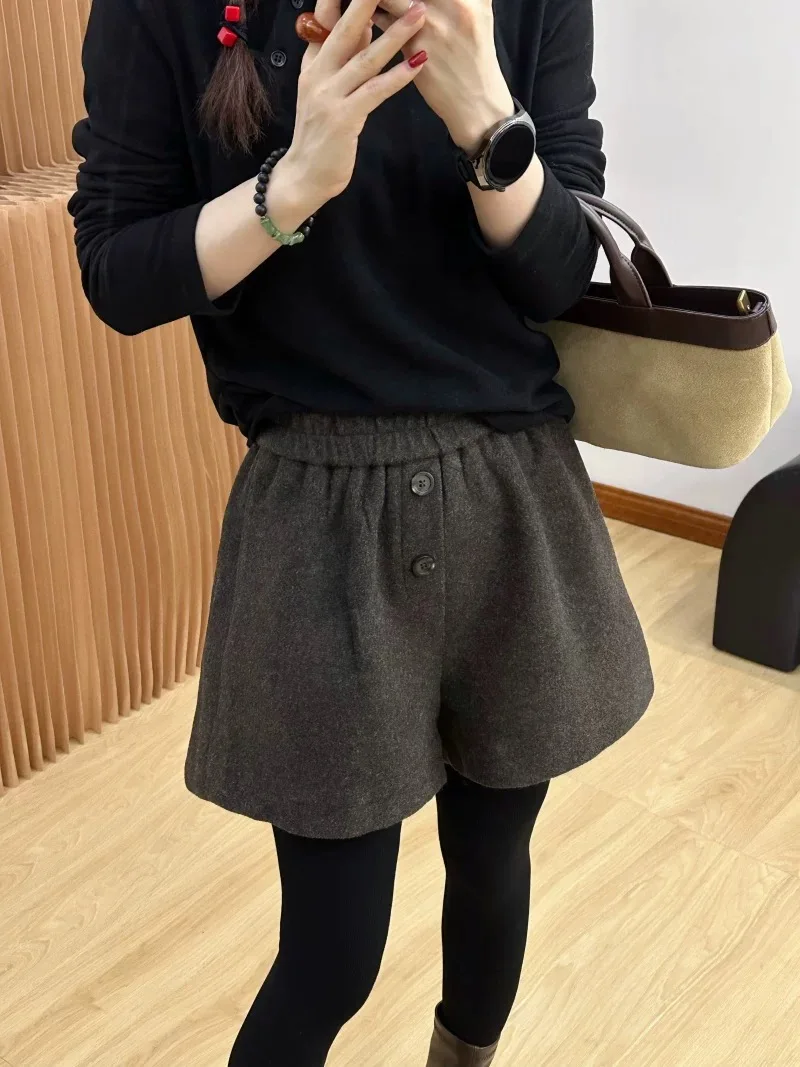 하이웨이스트 와이드 레그 울 팬츠 두 개의 버튼 한국 스타일 캐주얼 루즈핏 가을 겨울 신상 여성 바지