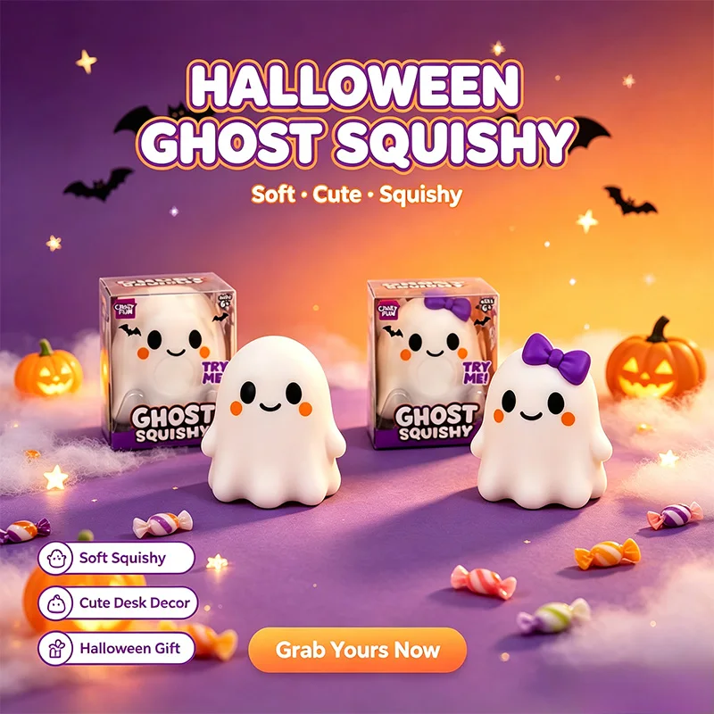 Halloween 13cm ghost soft toy with purple bow, cute pressure-relief squeeze toy, slow-play toy, children's party gift