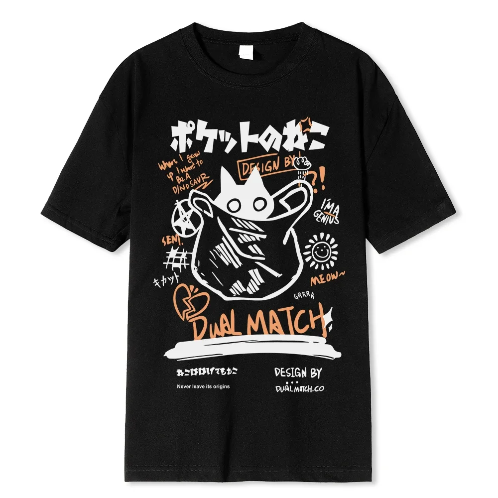 Fashion Hip Hop T-Shirt Women Streetwear Japanese Kanji Funny Cat Print Tshirt Men Harajuku Casual Short Sleeve Tshirt Tops