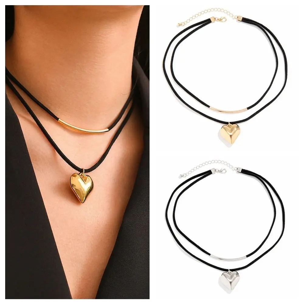 

Heart Pendant Necklaces Adjustable Clavicle Chain Punk Double Layered U-shaped Love Necklace for Women