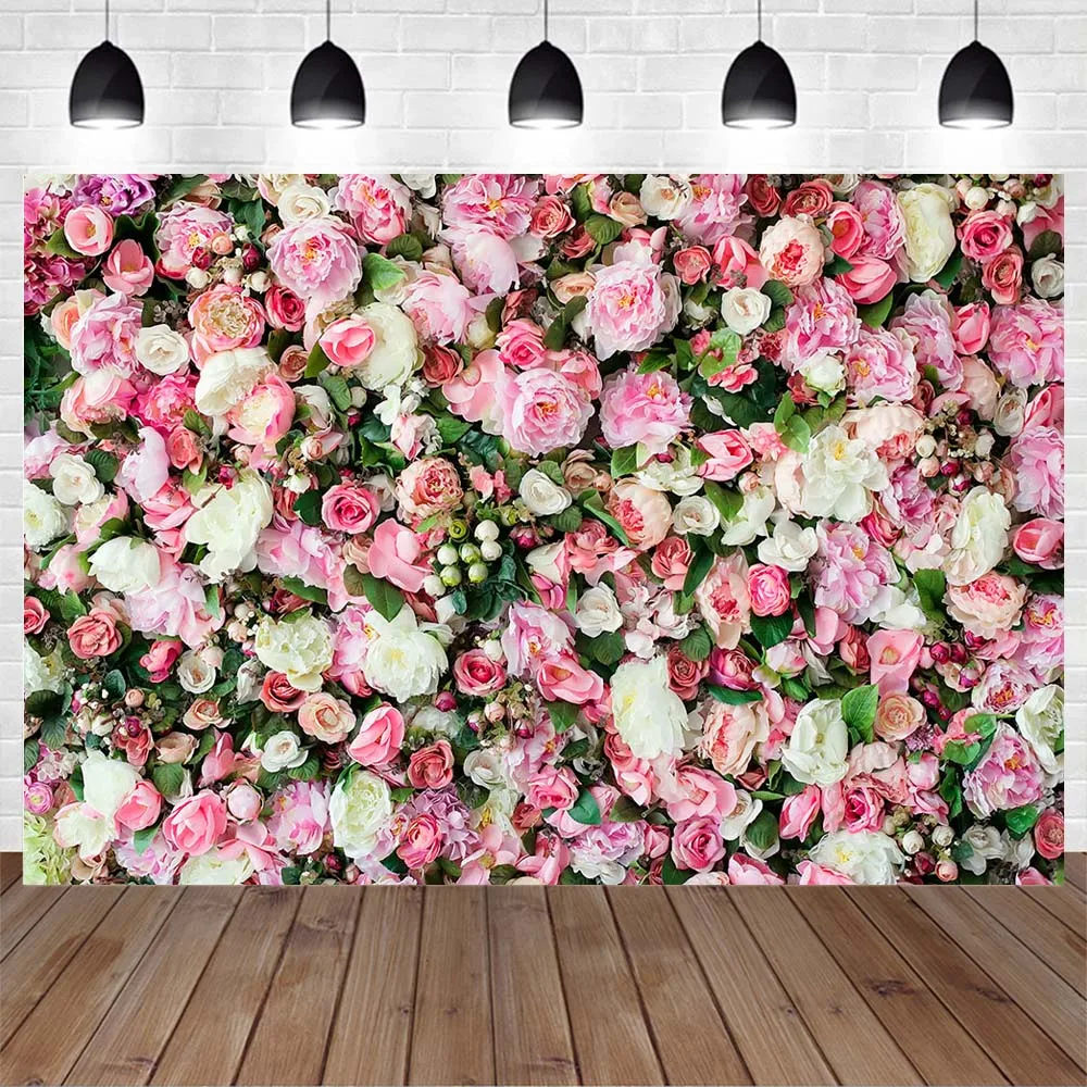 Mocsicka Flower Wall Backdrop Pink White Floral Flower Wedding Birthday Women Portrait Photography Background Studio Photo Booth