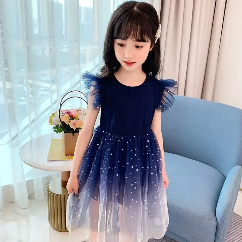 

Summer Sleeveless Fashion Gauze Dress Girls Starry Sky Gradient Princess Dress New Years Children's Birthday Party Present