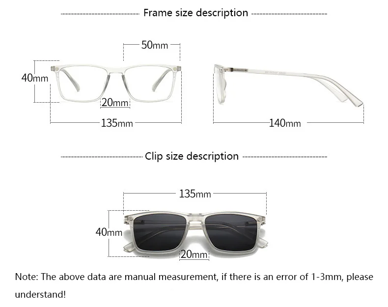 Transparente Damen-Sonnenbrille mit quadratischem Rahmen, 6-in-1-Brille mit magnetischem Clip, polarisierte Nachtsichtbrille für Herren – Detail 9