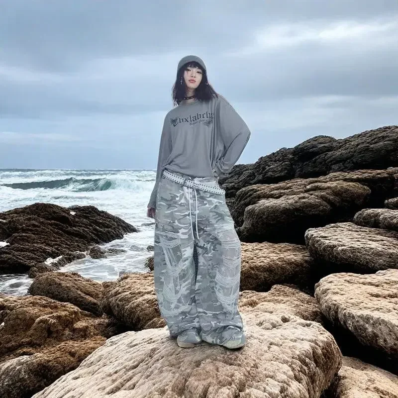 

Colorful Lace Patchwork Ripped Jeans Women's Street Dance Wide Leg Jazz Dance Pants Female Clothing