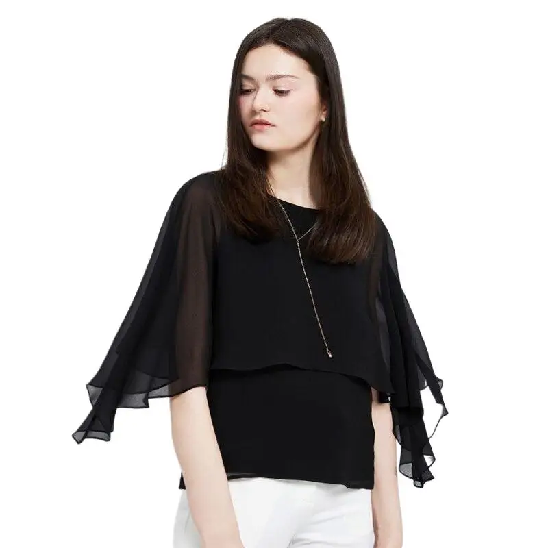 New Womens Tops Fashion 2024 Women Summer Chiffon Blouse  Ruffle Batwing Sleeve Casual Shirt Black White tops baggy blouse