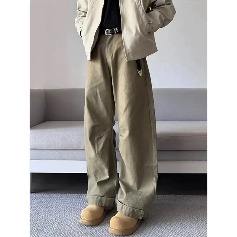 

Хаки, американские широкие брюки для спецодежды, мужские весенне-осенние прямые свободные повседневные брюки в стиле ретро, модные молодежные брюки