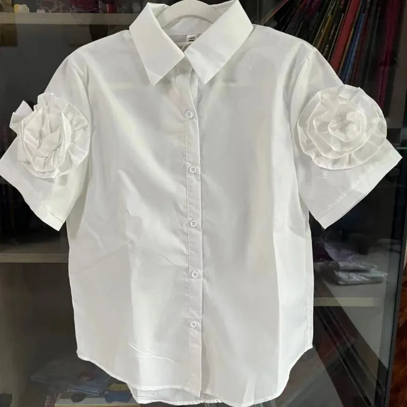 Camisa feminina com gola virada para baixo, blusas florais estéreas, blusas vintage de peito único, manga curta, primavera e verão, 2022